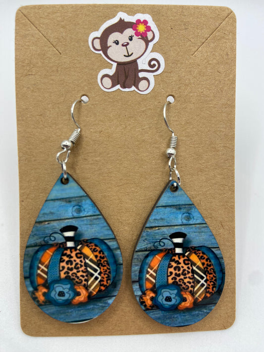 Blue wood pumpkin earrings
