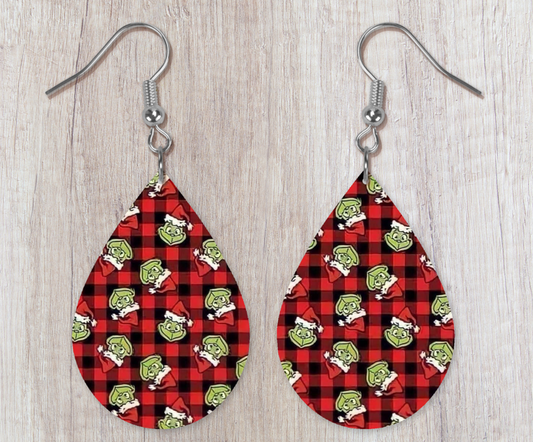 Red Plaid Grinch Earrings